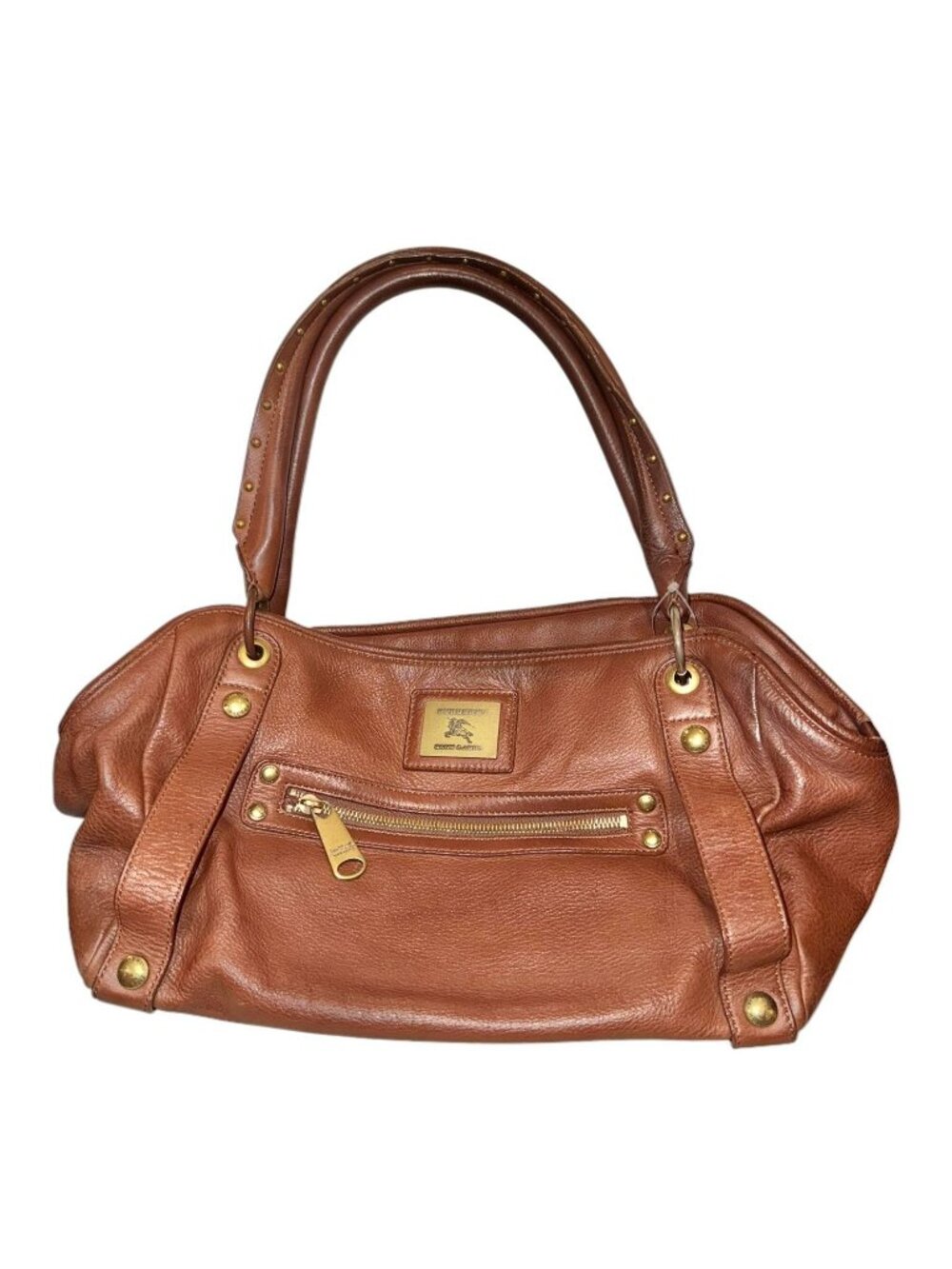 Burberry Brown Leather Satchel Handbag With Gold Hardware & Studded Handles